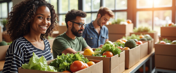Volunteer packing food boxes in community center with smiling team