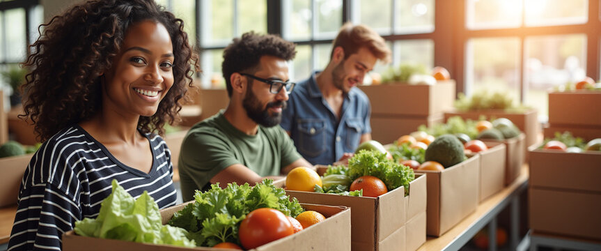 Volunteer packing food boxes in community center with smiling team  