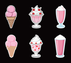 Delicious Pink Ice Cream Desserts Sticker Set Design Vector Illustration Collection of Cones Sundaes and Milkshakes with Cherries and Cream.