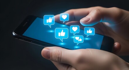 Closeup of a persons hands using a smartphone with social media notifications popping up, symbolizing digital engagement and online interaction