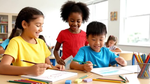 Three diverse children happily draw and learn together in a bright classroom setting