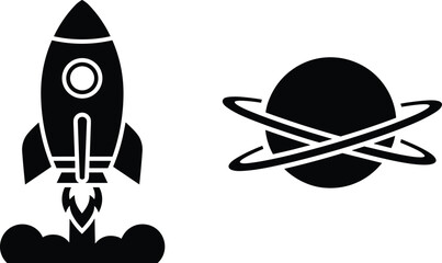 Rocket launching icon with planet and orbit rings, space exploration illustration, sci-fi silhouette design, cosmic universe graphic elements
