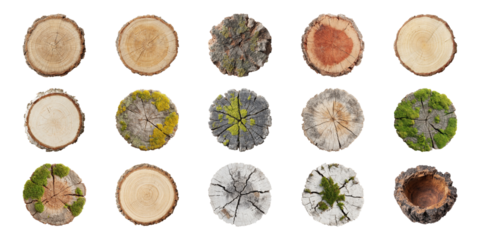 Tree Trunk Cross-Section Textures Set. Natural Patterns And Growth Rings Collection Isolated On Transparent Background