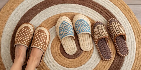 Close-up of Feet Wearing Woven Slippers on a Circular Rug with Geometric Patterns footwear natural