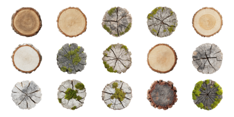 Tree Trunk Cross-Section Textures Set. Natural Patterns And Growth Rings Collection Isolated On Transparent Background