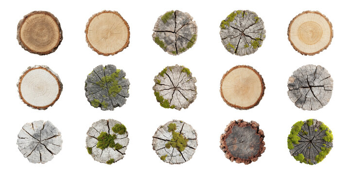 Tree Trunk Cross-Section Textures Set. Natural Patterns And Growth Rings Collection Isolated On Transparent Background