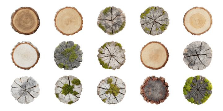 Tree Trunk Cross-Section Textures Set. Natural Patterns And Growth Rings Collection Isolated On Transparent Background