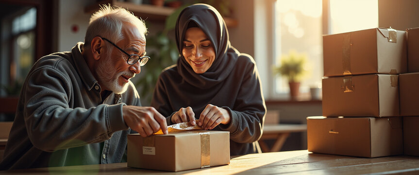 Elderly man and young Muslim woman packing food boxes in community center  