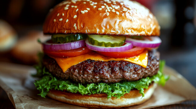 Juicy burger with cheese, lettuce, onions, pickles, and tomato on a sesame seed bun. Concept of appetizing fast food. For food advertisement - Powered by Adobe
