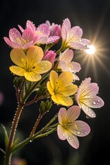 Cluster of pink and yellow flowers with water droplets and sunburst Keywords: flower, pink flower, yellow flower, water droplet, dew, nature, floral, bloom, blossom, delicate, petal, stem, green