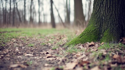 Closeup of mosscovered tree trunk with textured bark and aged branches in a serene forest setting with soft diffuse lighting and copy space on left
