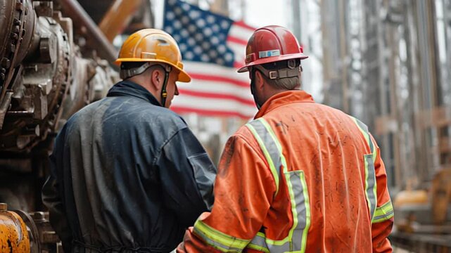 Construction workers collaborating on site with american flag in background