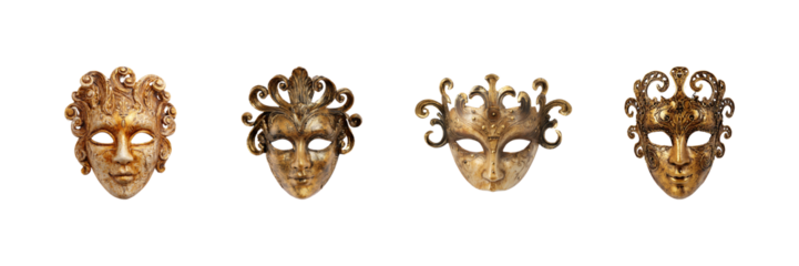 Venetian Carnival Masks Set. Elegant Masquerade And Festive Decor Collection Isolated On Transparent Background