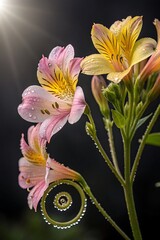 Pink and yellow alstroemeria flowers with water droplets and sun flare Keywords: flower, pink flower, yellow flower, alstroemeria, water droplet, dew, nature, floral, bloom, blossom, delicate