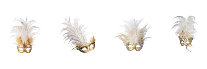 Elegant Feathered Masquerade Masks Set. Venetian Carnival And Costume Party Collection Isolated On Transparent Background