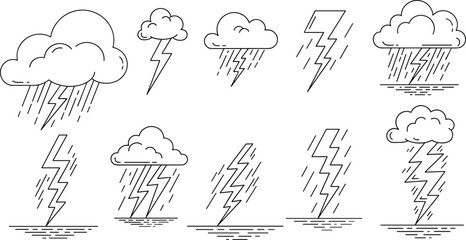 Set of lightning and rain weather icons featuring storm clouds, thunderbolts and rainfall, hand-drawn line style meteorology illustration elements