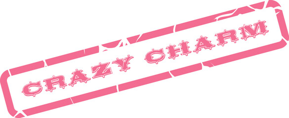 A vibrant pink distressed rubber stamp graphic displaying the phrase Crazy Charm with a textured effect