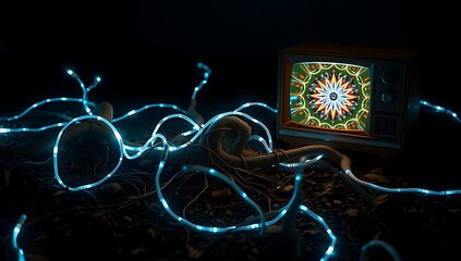 Vintage television displaying a colorful kaleidoscope pattern surrounded by glowing blue fiber optics television