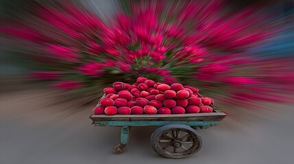 Rustic produce cart filled with peaches under peach trees with soft pink blossoms and background blur 