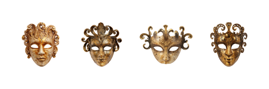 Venetian Carnival Masks Set. Elegant Masquerade And Festive Decor Collection Isolated On Transparent Background