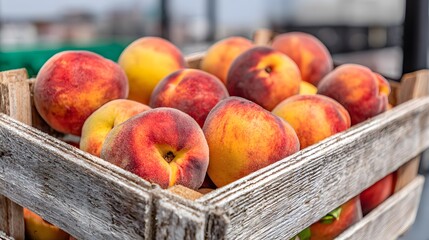 Rustic produce cart filled with peaches under peach trees with soft pink blossoms and background blur 