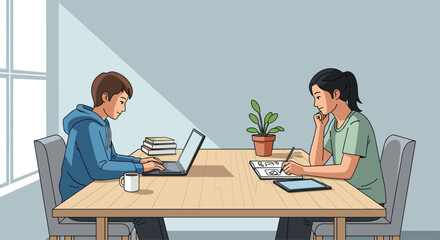 Focused students collaborating on laptop and notes at a bright, modern table, fostering productive teamwork and learning