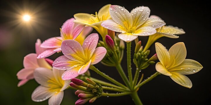 Cluster of pink and yellow plumeria flowers with water droplets and sun flare frangipani bloom - Powered by Adobe