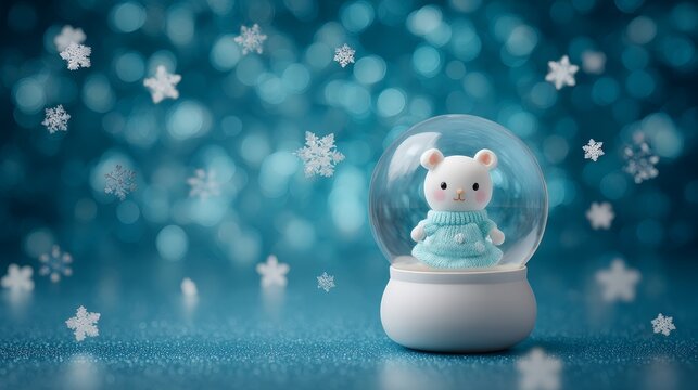 Charming miniature winter character inside a clear snow globe with shimmering snowflakes floating in a festive scene, soft blue background, copy space on right