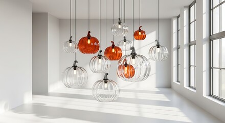 Collection of Pumpkin Shaped Glass Pendant Lights Hanging in a Bright White Room lighting Halloween