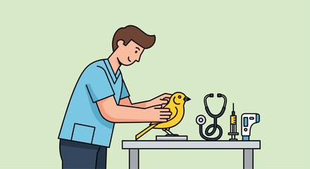 Caring veterinarian gently examines a yellow bird with stethoscope and thermometer on a clean medical table