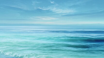 Calm waves gently lap at the shore reflecting the vibrant blue sky on a peaceful day at sea.