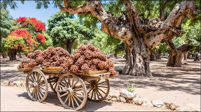 Rustic wagon filled with tamarinds placed near dry-season farm trees with golden tones 
