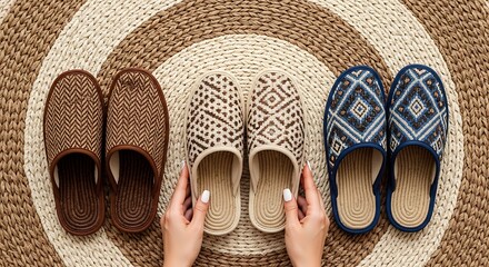 Three Pairs of Comfortable Indoor Slippers Arranged on a Woven Rug Keywords: slippers, indoor, home, footwear, comfort, cozy, warm, relaxation, leisure, casual, pair, three, brown, beige, blue