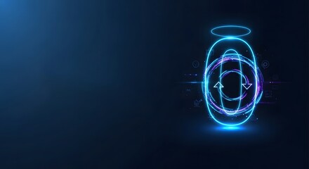 Glowing neon abstract shape with arrows and circles on a dark blue background with light effects