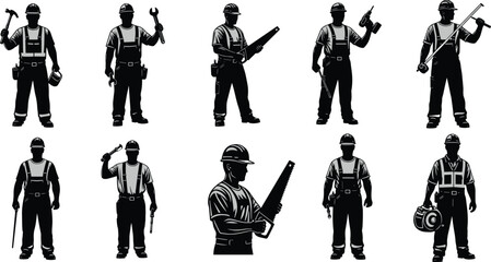 Naklejka premium Silhouette set of construction workers holding tools including hammer, wrench, saw, drill and safety gear, professional labor workforce illustration