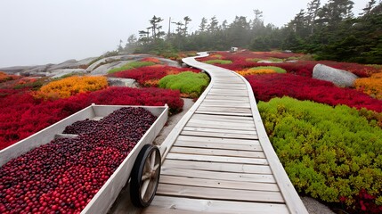 Rustic wagon with cranberries in crates next to bog fields with autumn colors in the background 