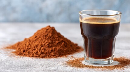 Tall glass of dark coffee with cocoa dust on marble countertop, eyelevel shot with copy space for beverage presentation