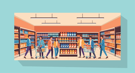 Diverse shoppers happily browse aisles filled with products, selecting groceries with carts in a vibrant modern supermarket setting