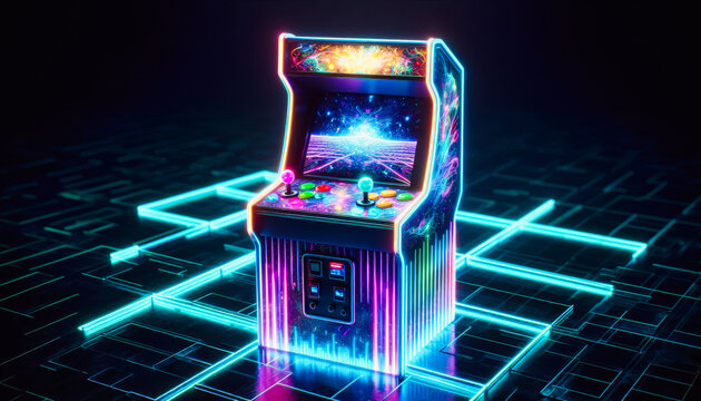 Cyberpunk Retro Arcade Perspective - Gaming Machine on Digital Grid with Glowing Neon Lines