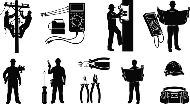 Silhouette set of electricians, linemen, electrical tools, multimeter devices, safety gear, wiring equipment and technical blueprint inspection for industrial maintenance work - Powered by Adobe