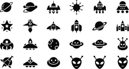 Space and UFO icon set with aliens, rockets, planets, stars, spacecraft silhouettes, cosmic cartoon illustrations, sci-fi graphic elements for design