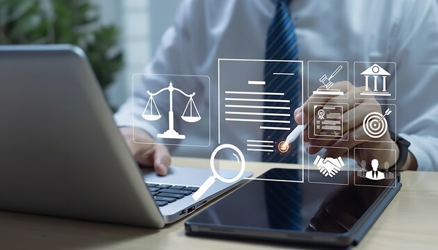 Man in blue shirt using stylus on tablet with legal icons and laptop on desk justice document