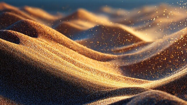 Vibrant golden textured sand dunes shimmering with light particles