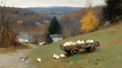 Rustic wagon with onions in baskets surrounded by farm tools and onion fields in the distance 