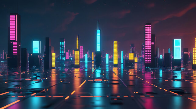 Vibrant neon cityscape wet reflection images - Powered by Adobe