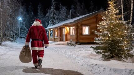 Santa claus walking on snowy path near cozy cabin at night during christmas