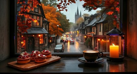 Cozy Autumn Scene Through A Window With Cupcakes Coffee And Candle On A Rainy Evening Keywords: autumn, cozy, window, rain, evening, cupcakes, coffee, candle, lantern, street, houses, trees