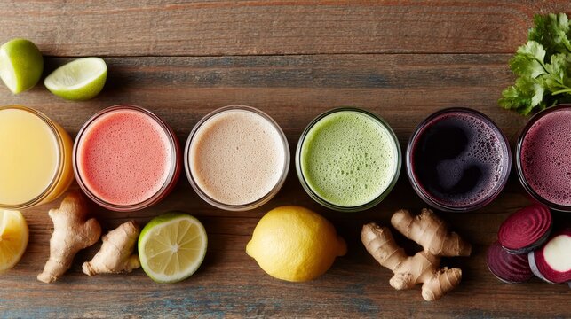 Freshly pressed fruit and vegetable juices in glassware on rustic wooden table with sliced fruits and roots for healthy drinking - Powered by Adobe