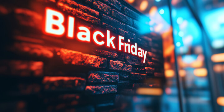 Black Friday is displayed in glowing letters on a brick wall. Concept of retail and sales event. For online promotions or announcements