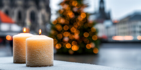 Christmas Eve and candlelight service, Candles burn against a city square with a Christmas tree in the background, copy space for a Merry Christmas wish